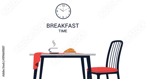 Minimalist flat illustration of a breakfast scene with coffee, croissants, a chair, and a clock on a plain white background.
