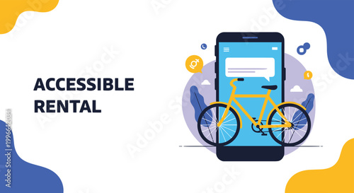 Modern mobile application interface for accessible bicycle rentals showing a yellow bike icon and text on a white background.