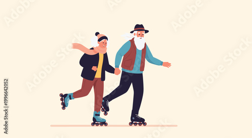 Active elderly couple wearing winter clothes and holding hands while roller skating together on a light peach background.