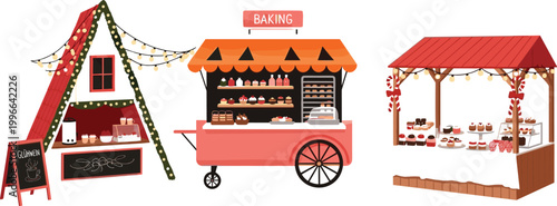 Christmas market stalls collection with bakery cart, festive wooden booth and decorated holiday shop vector illustration set