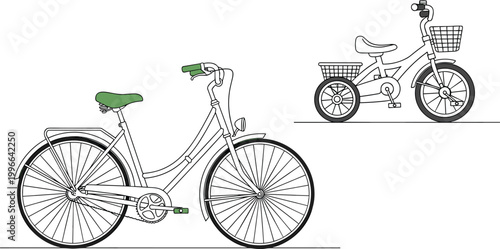 City bicycle line art illustration with detailed bike frame, basket and urban transport concept vector drawing