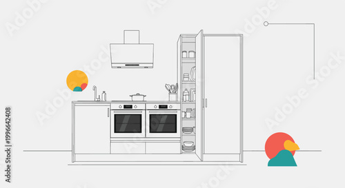 Clean minimalist line art illustration of a modern kitchen with built-in appliances, white cabinetry, and storage shelves.