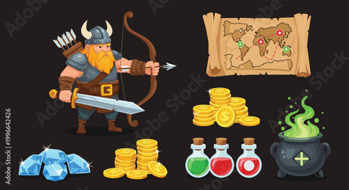 Brave viking warrior character surrounded by video game assets like gold coins, magic potions, gems, and a world treasure map.