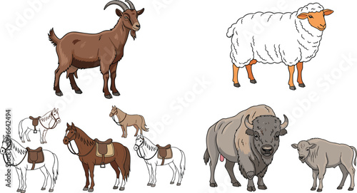 Farm and wild animals collection including goat, sheep, horses and bison, detailed livestock and wildlife vector illustration set