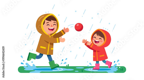 Children in raincoats having fun playing with a ball in puddles on a rainy day