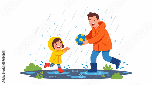 Joyful father and daughter playing with a colorful ball in the refreshing rain, splashing happily in puddles and sharing a fun outdoor activity together