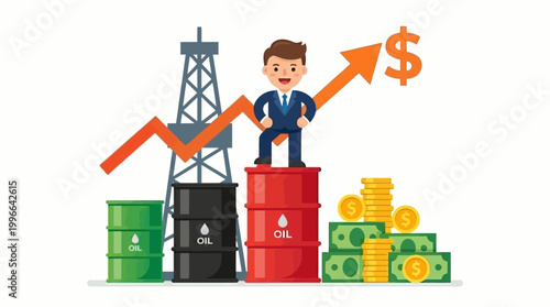 Confident businessman celebrates substantial financial growth in the oil and energy sector, standing victoriously on a barrel as market trends rise with profit and wealth