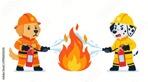 Cute cartoon dogs dressed as firefighters, bravely tackling a large, blazing fire with hoses and extinguishers, illustrating teamwork and heroism in a humorous and engaging way