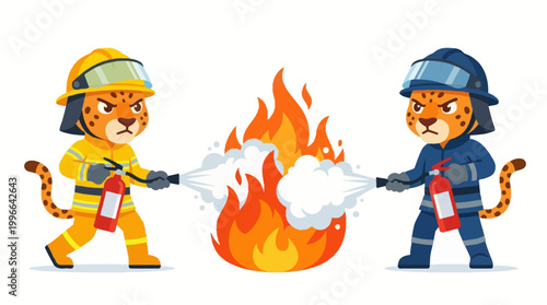 Two anthropomorphic leopards dressed as firefighters are bravely tackling a large fire with their hoses, illustrating teamwork and emergency response in a vibrant cartoon style