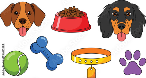Dog pet accessories set vector illustration food bowl collar toy paw symbols isolated