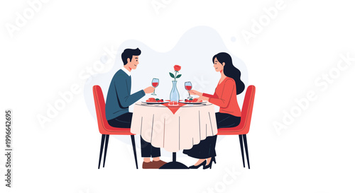 Elegant couple enjoying a romantic candlelit dinner with wine and roses at a beautiful restaurant table for two people.