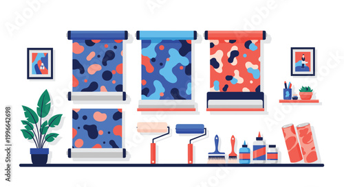 Selection of colorful patterned wallpaper rolls and professional painting tools for home renovation and interior design.