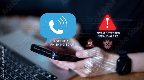 A person holding a smartphone with a potential phishing scam alert on the screen