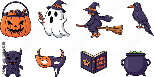 Fun Halloween Cartoon Symbols Jack O Lantern Broomstick Mask Spell Book and Raven