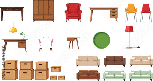 Home furniture collection including sofas, chairs, desks, wardrobe, lamps and storage boxes for modern interior design vector illustration set