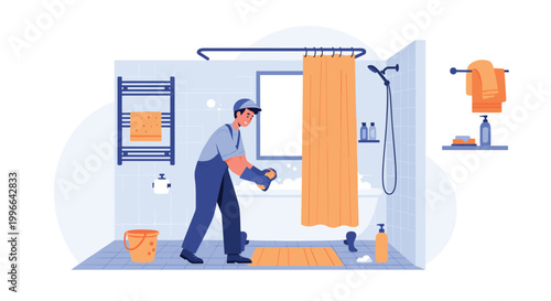 Professional cleaner in blue overalls cleaning a modern bathroom and bathtub to ensure high hygiene and sanitation standards.