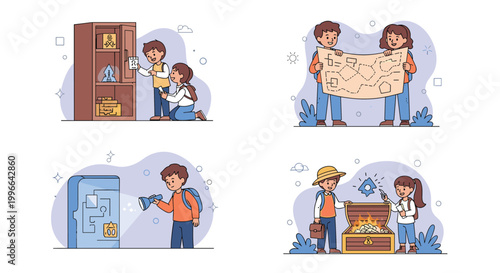 Group of adventurous children working together to solve puzzles and find hidden treasures during a fun escape room game.