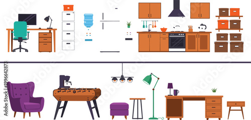 Home interior furniture collection with office desk, kitchen cabinets, armchair, foosball table and household decor vector illustration set