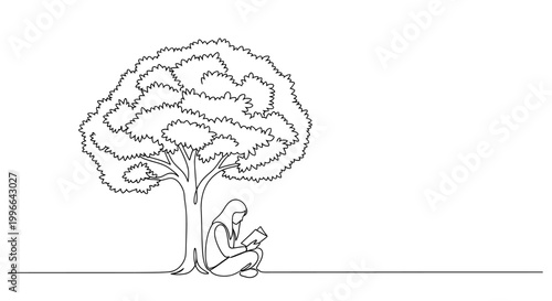 Person Reading Book Under Tree Line Art