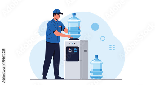 Professional delivery man in a blue uniform carefully installing a large water bottle on an office water cooler.