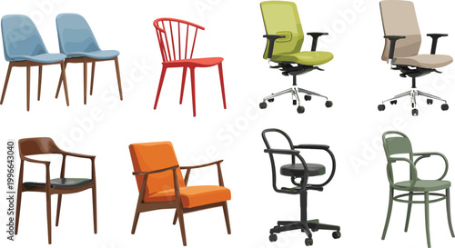 Modern chairs and office swivel seating collection with wooden armchairs and contemporary furniture designs vector illustration set