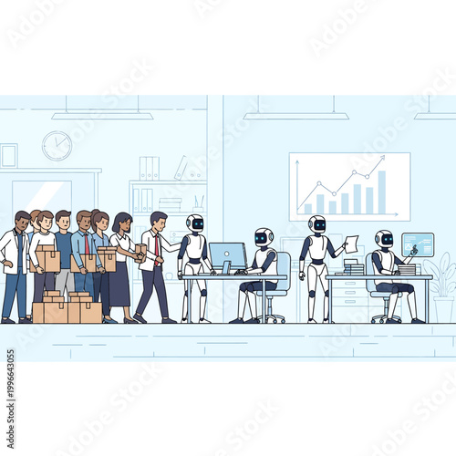 Robots replacing humans in the office, an illustration of automation and artificial intelligence impacting the workforce