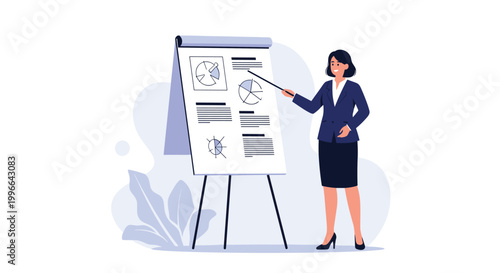 Professional businesswoman giving a detailed financial presentation using a flip chart with various charts and graphs.