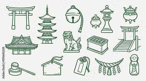 Collection of Japanese Shinto shrine elements and religious artifacts, including torii gates, pagodas, lanterns, and statues.