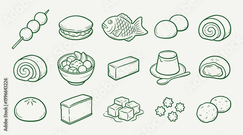 A charming hand-drawn illustration showcasing a delightful assortment of Japanese sweets and desserts, presented in a clean, minimalist style.