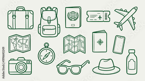A collection of travel-related icons, including a suitcase, backpack, passport, airplane, maps, compass, camera, sunglasses, hat, and a bottle