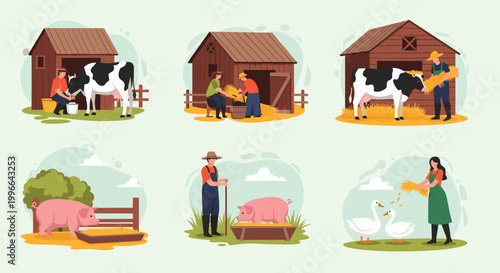 Set of various farm activities showing workers milking cows, feeding pigs, and caring for geese in a rural environment.