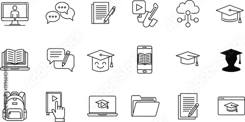 Education and e learning outline icons set including online classes communication study tools graduation and academic symbols