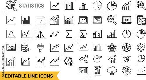 Statistics Icon Collection Featuring Bar Charts, Pie Charts, Graphs, Scatter Plots, and Analytical Symbols in Editable Line Vector Artwork