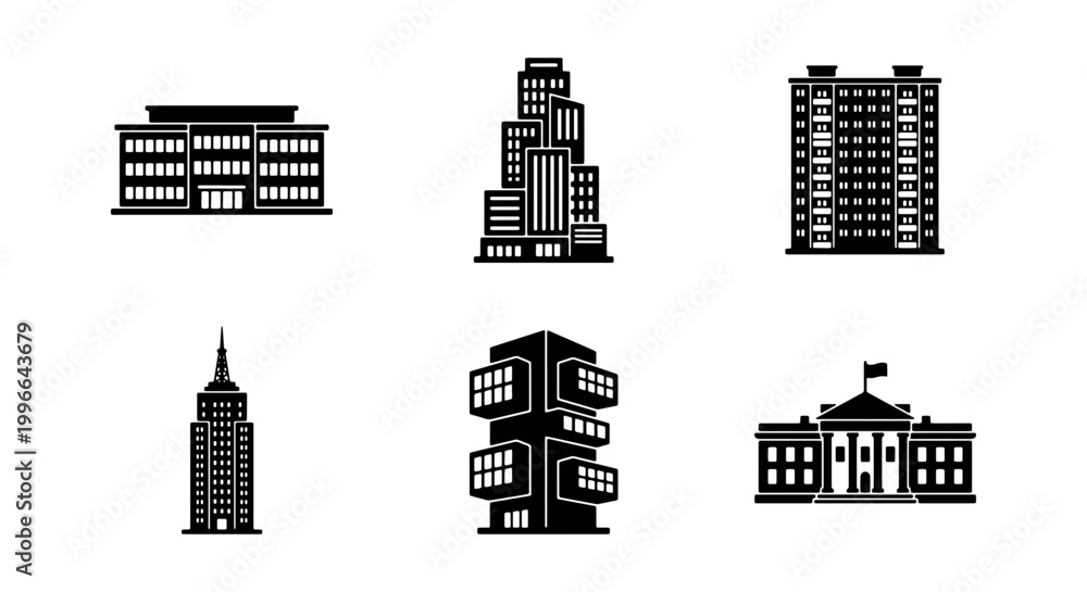 Fototapeta premium City Building and Skyscraper Silhouette Set - Minimalist Black Flat Vector Architecture Icons