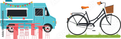 Street food truck with outdoor stools and city bicycle with basket, urban street market transport vector illustration set