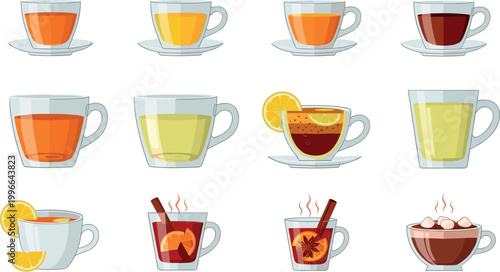 Hot tea varieties collection with different flavors in glass cups including lemon, herbal, and spiced drinks for beverage illustration design