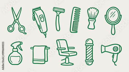 A collection of hand-drawn barber shop tools and furniture, presented in a clean, minimalist green outline style on a light background.