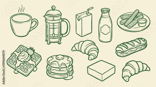 A collection of delicious breakfast items including coffee, pancakes, waffles, croissants, and pastries, presented in a charming line art style.