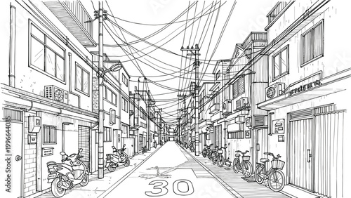 Urban street perspective line art illustration with buildings, bicycles, scooters and power lines detailed cityscape sketch vector