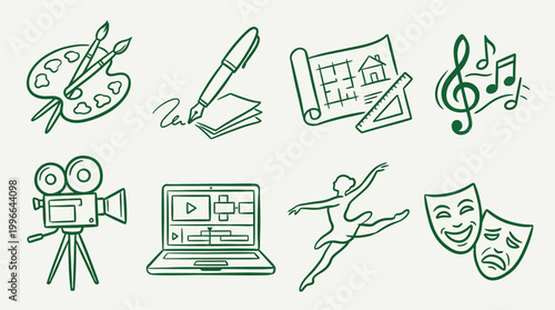 A collection of artistic and creative icons representing various forms of expression, including painting, writing, architecture, music, film, digital media, dance, and theater.