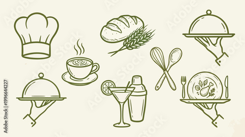 A collection of hand-drawn icons representing various culinary and hospitality elements, including a chef's hat, bread, coffee, cocktails, and serving dishes.