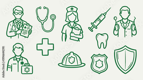 A collection of hand-drawn green icons representing various healthcare and emergency services professions and symbols.