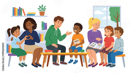 Illustration of diverse children and adults enjoying a storytime session in a cozy library setting with bookshelves and windows