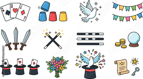 Tableau sur toile Magician Performance Elements and Magic Trick Icons Vector Illustrations for Fan