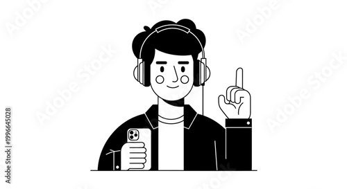 Young man with headphones using smartphone and pointing up