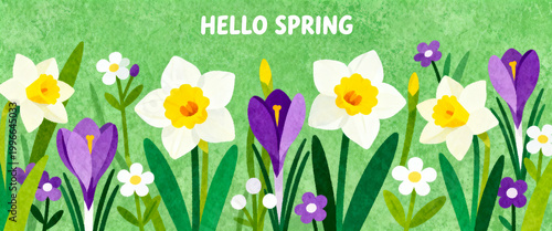 Vibrant digital illustration banner of blooming spring flowers including daffodils and colorful crocuses on a green background