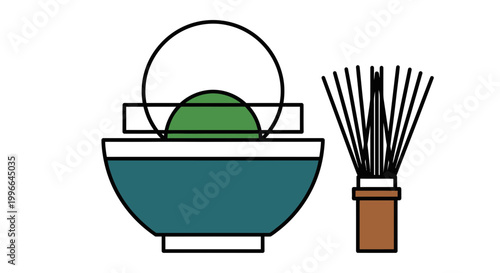 Minimalist Vector Illustration of Kyoto Matcha Bowl and Whisk