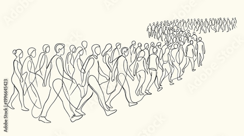 Continuous line drawing of a large crowd of people walking together in a long line, conceptual illustration of unity, community, and social movement