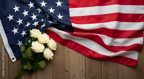 Memorial day remembrance american flag with white flowers on wood