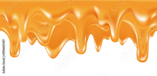 Glossy Golden Honey Caramel Dripping Downward in Thick Rounded Streams with Smooth Viscous Flow, Shiny Reflective Highlights, and Realistic Three‑Dimensional Texture on Clean White Background